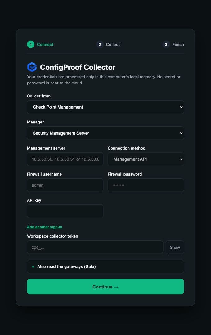 Check Point Management server and authentication fields