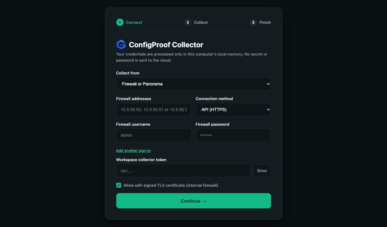 ConfigProof macOS collector connection form with empty credentials