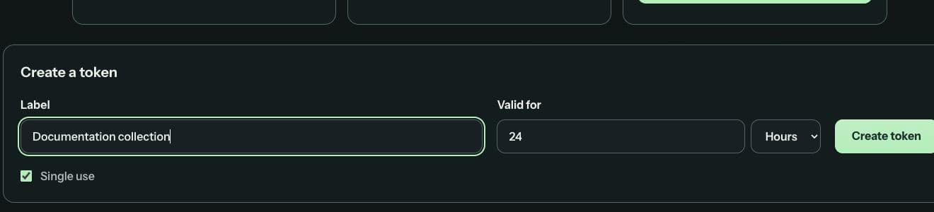 Filled Create a token form showing Documentation collection, 24 Hours and Single use